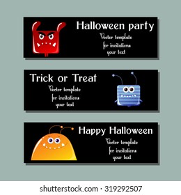 Halloween cards with cute cartoon monsters. Happy halloween. Halloween party. Templates For Placards, Posters, Flyers, Party, Invitation. Hand draw Halloween series