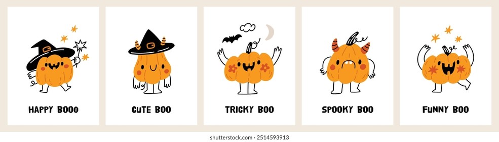 Halloween cards with cute cartoon pumpkins. Happy Halloween prints with pumpkins. Festive illustration for kids