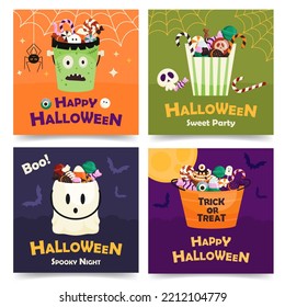 Diseño de tarjetas de Halloween con cubo Frankenstein, fantasma lindo, bolso de papel lleno de dulces, caramelos y postres. Plantilla de diseño de postales de invitación para Truco o Tratamiento Noche de vacaciones de octubre