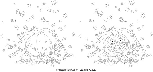 Halloween cards with a funny smiling pumpkin among fallen and flying autumn leaves, black and white outline vector cartoon illustrations