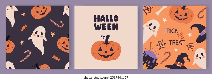 Halloween-Karten mit Geistern, Kürbissen und Süßigkeiten