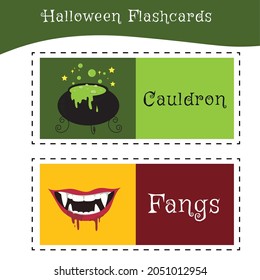 Halloween cards for learning English words. Set of vector flat icons. Digital illustration. Vector illustration.