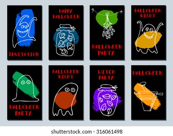 Halloween cards. Made with Ink. Happy halloween. Halloween night. Witch party. Templates For Placards, Posters, Flyers, Party, Invitation. Hand draw Halloween series