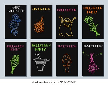 Halloween cards. Made with Ink. Happy halloween. Halloween night. Witch party. Templates For Placards, Posters, Flyers, Party, Invitation. Hand draw Halloween series
