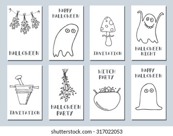 Halloween cards. Made with Ink. Happy halloween. Halloween night. Witch party. Templates For Placards, Posters, Flyers, Party, Invitation. Hand draw Halloween series