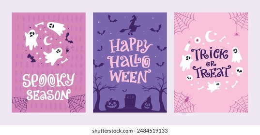 Tarjetas de Halloween, afiches, Anuncios, invitaciones, colección decorada con citas y garabatos, etc. EPS 10