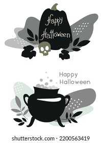 Halloween cards with pumpkin and witches cauldron