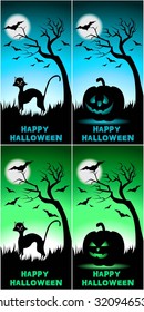 Halloween cards set with cat and pumpkin on colorful background