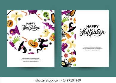Halloween cards set with celebratory subjects. Handwriting lettering Halloween. Place for text. Flat style vector illustration. Great for party invitation, flyer, greeting card.