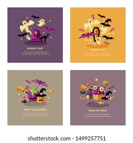 Halloween cards set with celebratory subjects. Flat style vector illustration. Great for party invitation, flyer, greeting card, web, postcard.