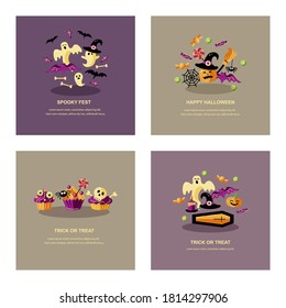 Halloween cards set with celebratory subjects. Flat style vector illustration. Great for party invitation, flyer, greeting card, web, poster.