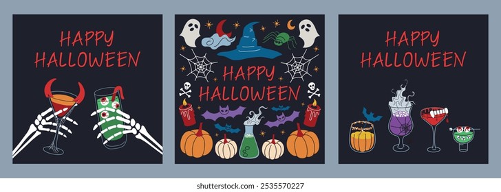 Conjunto de tarjetas de Halloween, composiciones con Elementos espeluznantes, Anuncios felices de Halloween, manos esqueleto con bebidas espeluznantes, Ilustraciones vectoriales para decoración de fiesta de otoño, colección de carteles