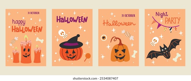Halloween cards set. Posters with funny creepy characters. Vector illustration templates.