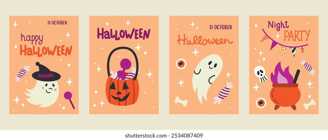 Halloween cards set. Posters with funny creepy characters. Vector illustration templates.