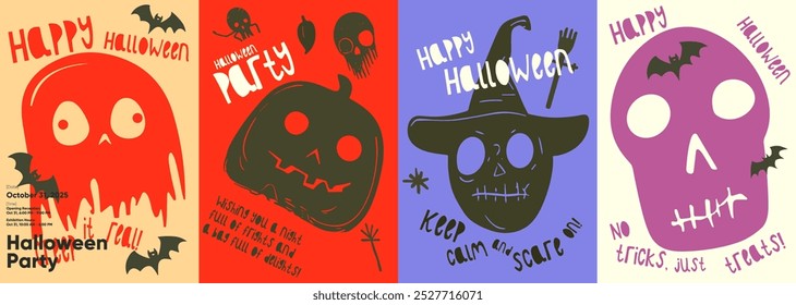 Cartões de Halloween definidos com desenhos peculiares com fantasmas, abóboras, crânios, morcegos e texto festivo em cores negrito, perfeito para convites para festas e decoração divertida.