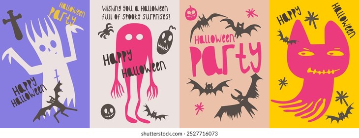 Cartões de Halloween definidos com desenhos peculiares de fantasma, morcego e abóbora, apresentando personagens divertidos em cores brilhantes, perfeito para convites festivos e decorações.