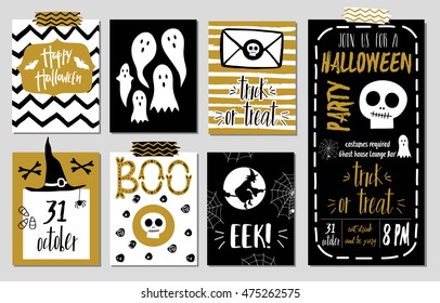 Halloween Cards set. Vector illustration. Template for Party card, Greeting Scrapbooking, Congratulations, Invitations, Stickers.