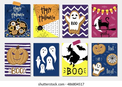Halloween Cards set. Vector illustration. Template for Party card, Greeting Scrapbooking, Congratulations, Invitations, Stickers.