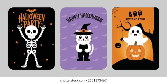 Halloween Cards with Spooky Characters, Happy halloween party invitation card.

