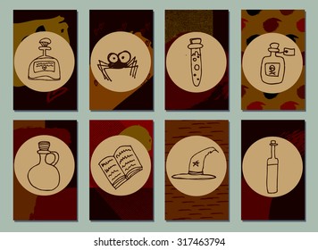 Halloween cards/Set of  Modern Hipster Trendy  hand drawn posters. Made with Ink.  Creative Grunge Contemporary Design. Templates For Placards, Flyers, Party, Invitation. Halloween series