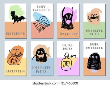 Halloween cards/Set of  Modern Hipster Trendy  hand drawn posters. Made with Ink.  Creative Grunge Contemporary Design. Templates For Placards, Flyers, Party, Invitation. Halloween series