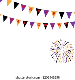 Halloween Carnival Background with Flags Garlands and Fireworks. Vector illustration. The concept of an invitation to a party in traditional colors with a place for your text.