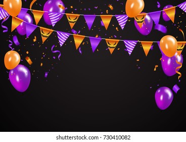 Halloween Carnival Background, Orange purple balloons, confetti concept design Party, Celebration Vector illustration.