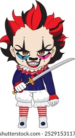 Halloween carnival clown holding sword with creepy expression vector