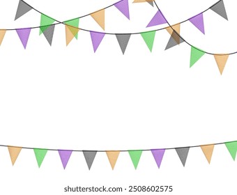 Guirnaldas coloridas del bunting del carnaval de Halloween con las banderas hechas de pedazos desmenuzados de la tela. Banderines multicolores decorativos de la fiesta para el festival, celebración de la fiesta. Fondo de Festiva con banderas colgantes