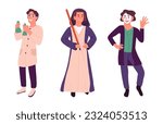 Halloween carnival costumes. Mad scientist, mime and jedi, young men wearing flat vector illustration set. Funny masquerade characters