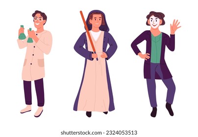 Halloween carnival costumes. Mad scientist, mime and jedi, young men wearing flat vector illustration set. Funny masquerade characters