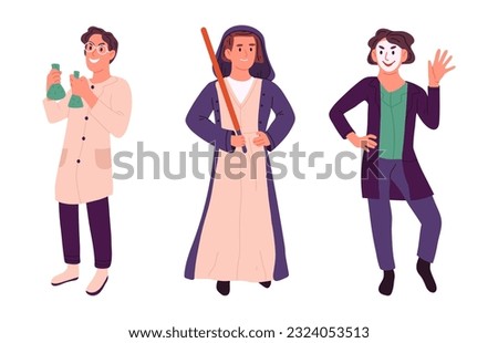 Halloween carnival costumes. Mad scientist, mime and jedi, young men wearing flat vector illustration set. Funny masquerade characters