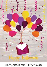 Halloween. Carnival with flags Garland with balloons with an envelope and an invitation to a party. Greeting card. Empty space for text or your advertising. Vector on wooden background.