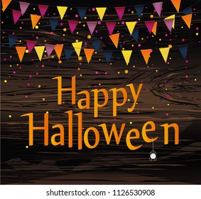 Halloween Carnival with flags Garlands. Vector on wooden background. The concept of an invitation to a party in traditional colors.