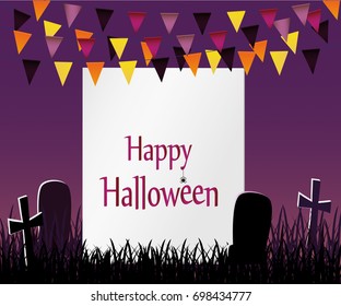 Halloween Carnival with flags Garlands. Vector. The concept of an invitation to a party in traditional colors with a place for your text. Graves.