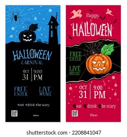 Halloween carnival invitation with scary pumpkin head and flying bats