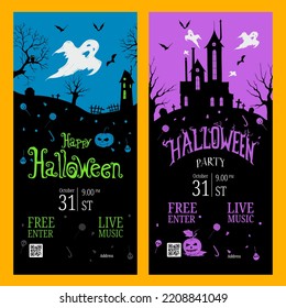 Halloween carnival invitation with scary pumpkin head and flying bats