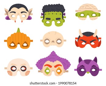 Halloween Carnival Masks. Happy Halloween Devil, Mummy, Pumpkin And Vampire Party Mask Vector Illustration Set. Cute Halloween Masquerade Masks. Costume Carnaval Mummy And Devil, Clown And Skull