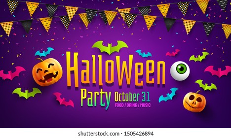 Halloween Carnival poster with Flags Garlands,Paper Bats and confetti.Party Invitation Concept in Traditional Colors.Website spooky,Background or banner Halloween template.Vector illustration EPS 10