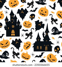 Halloween carnival seamless pattern colorful with funny pumpkin jack lanterns and castles for monsters and ghosts vector illustration