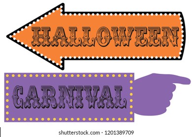 Halloween carnival sign template direction signs with arrow and pointing hand