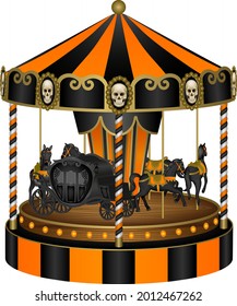 carrusel de halloween con rayas negras y anaranjadas, caballos negros y carruaje viejo