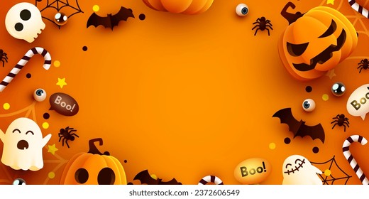 Halloween cartoon background. Cute 3d decorations. Vector illustration