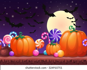 Halloween cartoon background. Fantasy seamless landscape for Game/ Illustration.
Fairy tale landscape with candies and pumpkins .Illustration for game design. 