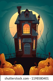 Halloween cartoon background with house and pumpkins vector