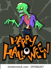 Halloween cartoon background with a scary zombie character