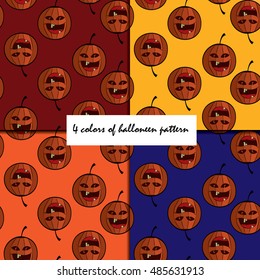 Halloween cartoon background. Vector illustration. set of  seamless pattern on blue, red, yellow background