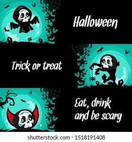 Halloween cartoon banner invitation card vector set of 3