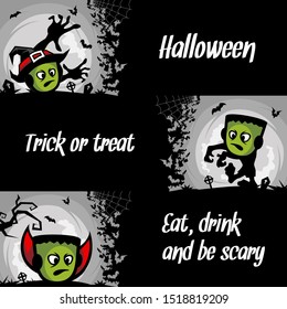 Halloween cartoon banner invitation card vector set of 3