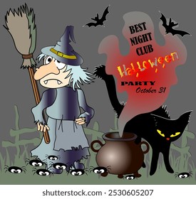 Halloween cartoon banner with witch, black cat, invitation to holiday party and other characteristic Halloween symbols. For festive design, party invitation, poster, cards. Vector illustration.